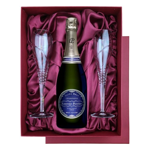 Laurent Perrier Ultra Brut Champagne 75cl in Red Luxury Presentation Set With Flutes